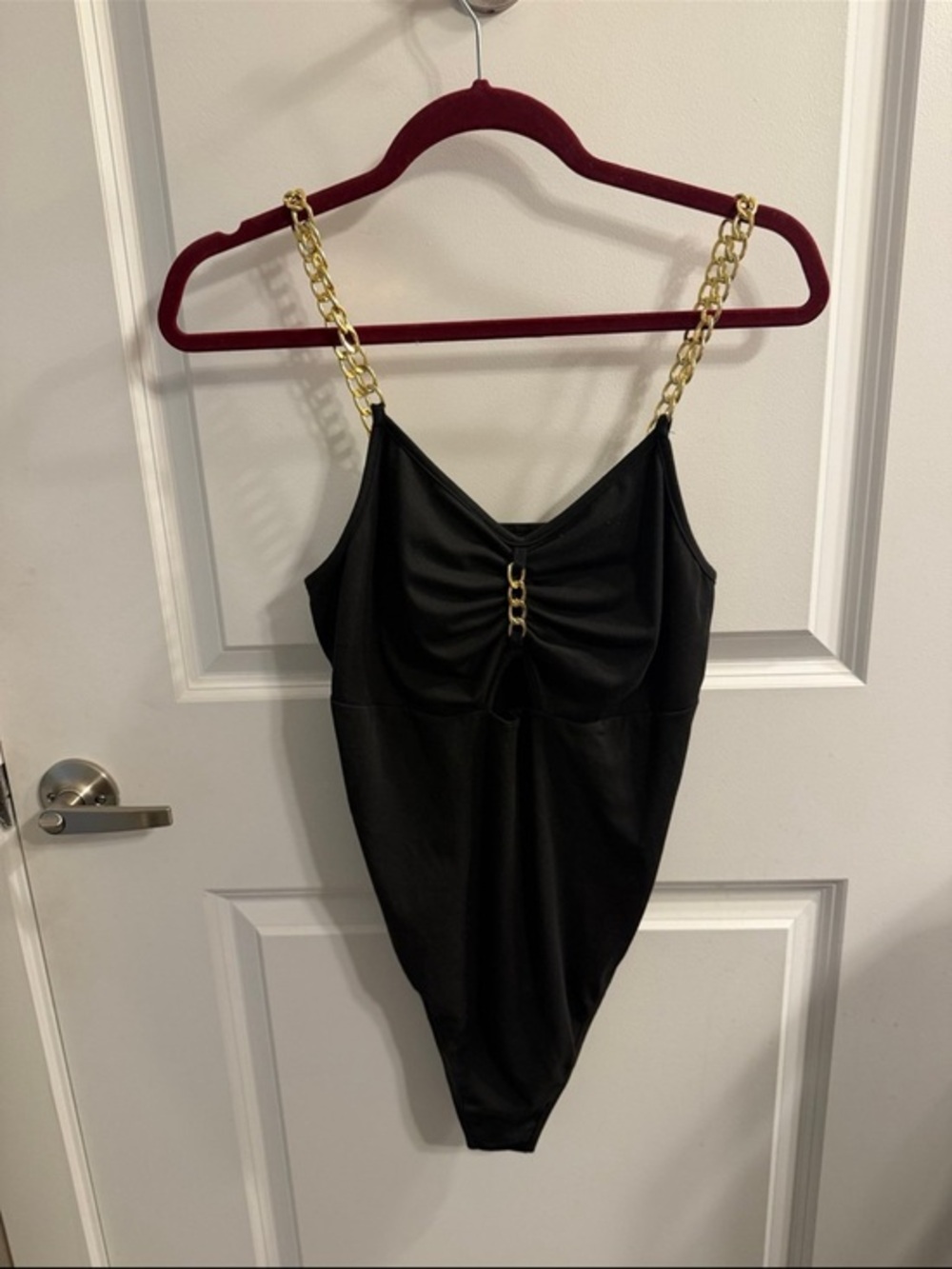SHEIN Black Bodysuit with Gold Chain Straps